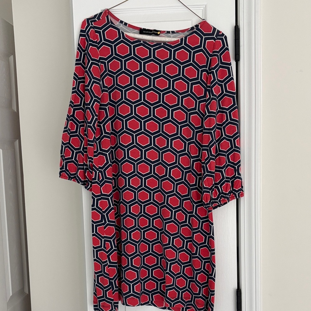 Geometric Hexagon Shift Dress in Navy & Red